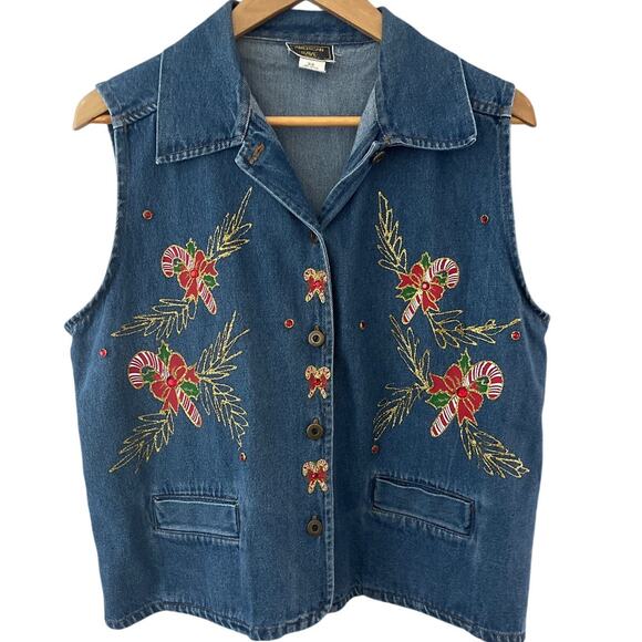 Vintage Candy Cane‎ Sparkle Denim Button Down Sleeveless Top Size Small / Medium - Picture 1 of 7